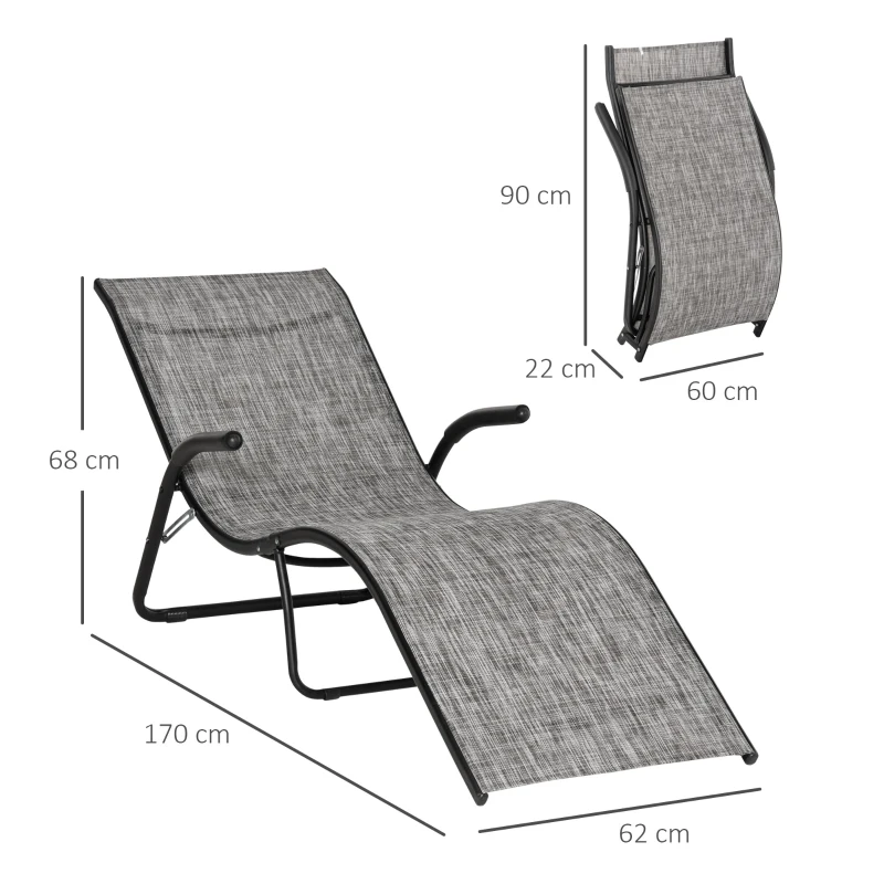 Outsunny Espreguiçadeira de Jardim com Apoio para os Braços Apoio para os Pés Encosto Respirável e Estrutura de Metal Ergonómico para Terraço Praia Acampamento 170x62x68cm Cinza