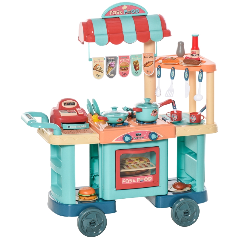 HOMCOM Cozinha de Brinquedo para Crianças de 3 a 6 Anos com Rodas Caixa Registradora e 50 Acessórios 79,5x33x90,5 cm Multicolor