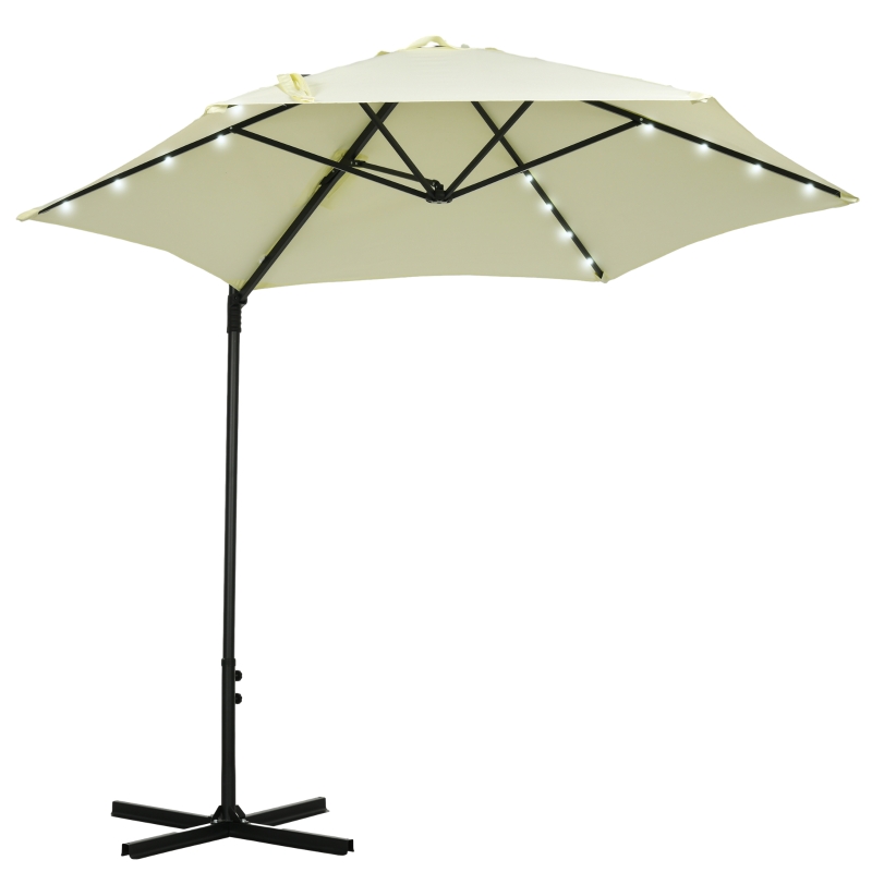 Outsunny Chapéu de Sol Excêntrico Ø256x248 cm com Luzes LED Solar Mastro Giratório 360° Chapéu de Sol de Exterior com Manivela Manual Bege