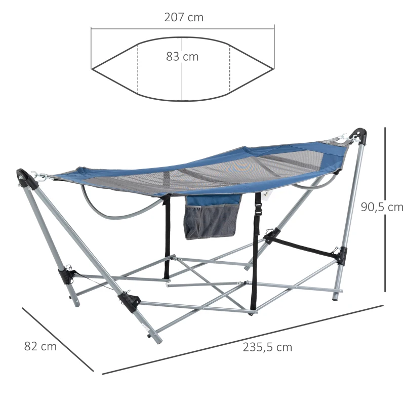 Outsunny Rede de Jardim com Suporte Dobrável com Cama de Tecido Oxford e Malha Respirável Bolso de Armazenagem e Bolsa de Transporte 235,5x82x90,5cm Azul e Prata