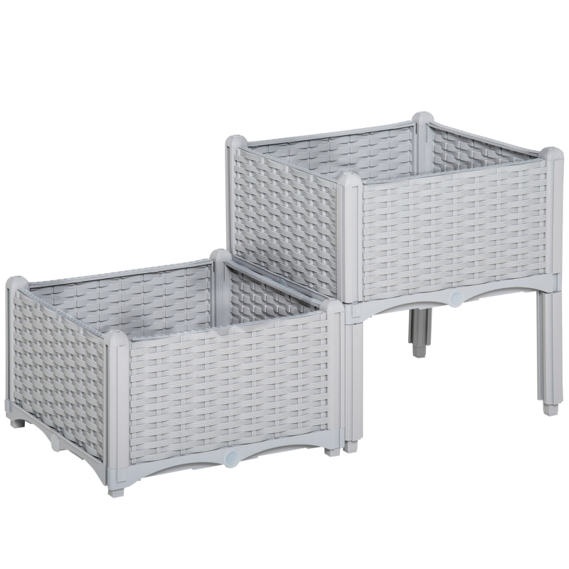 Outsunny Conjunto de 2 Floreiras Quadradas Floreiras para Flores e Vegetais com Orifícios de Drenagem e Pés Altos 40x40x26-44 cm Cinza