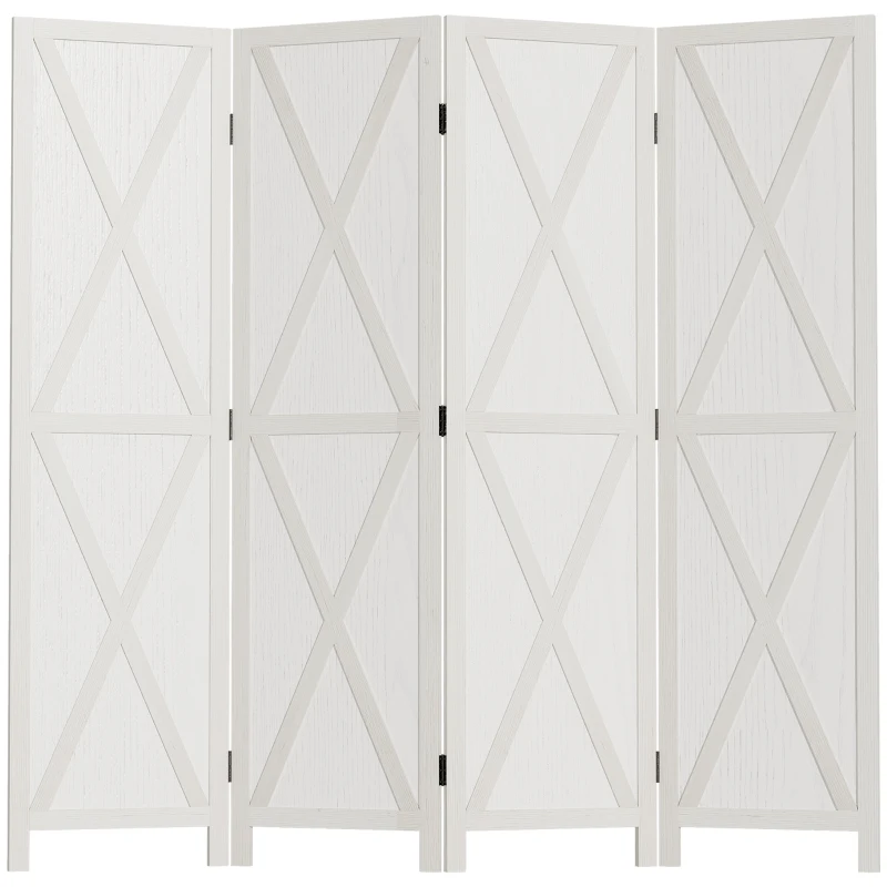HOMCOM Biombo de 4 Paineis Separador de Ambientes Dobrável 182x170cm Divisória para Espaços de Madeira Decoração Elegante para Dormitório Sala de Estar Branco