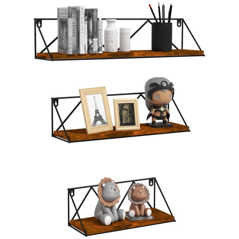 HOMCOM Conjunto de 3 Prateleiras de Parede Industrial Prateleiras Suspensas 30x12x12 cm 40x12x12 e cm 50x12x12 cm Madeira e Preto