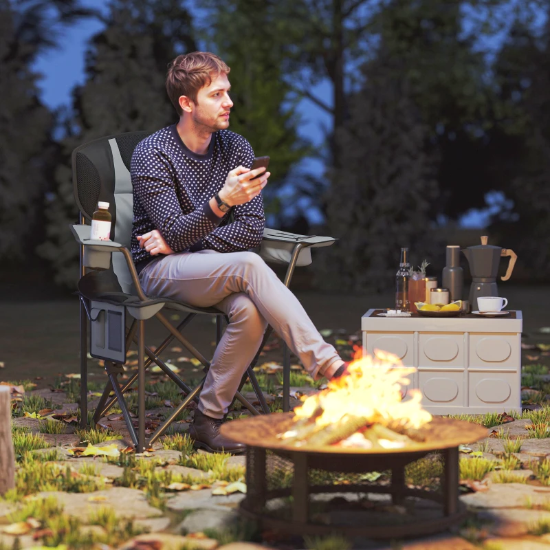 Outsunny Chaise de camping pliante avec accoudoirs réglables, porte-gobelets, poches latérales et sac de refroidissement, noir