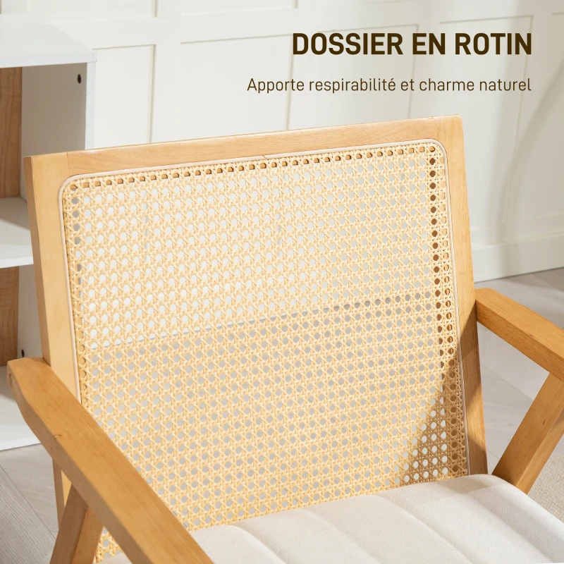HOMCOM Fauteuil de salon en bois, chaise cannage avec dossier en rotin et coussin rembourré et accoudoirs, bois naturel