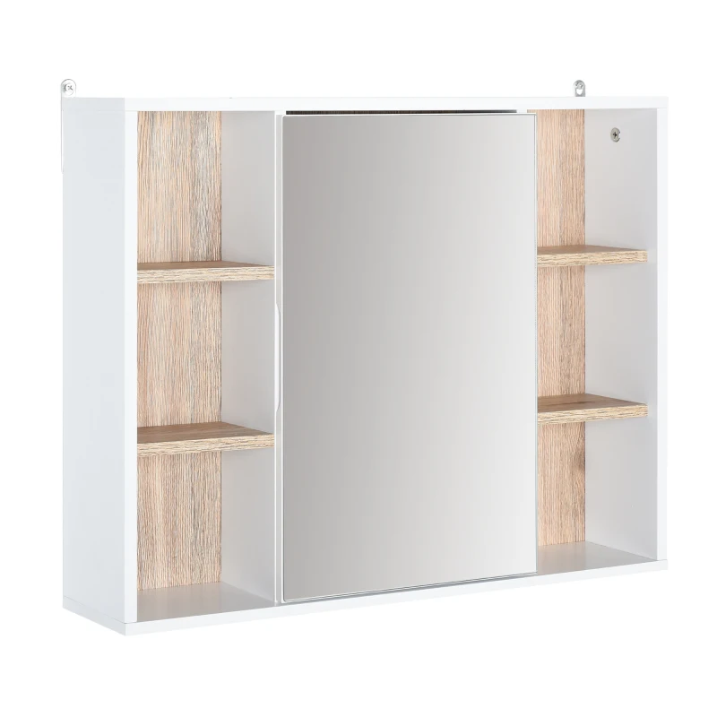 HOMCOM Armoire murale, meuble salle de bain avec miroir, miroir salle de bain avec rangement, placard à portes et 6 compartiments ouverts, 60 x 14,5 x 49,4 cm, blanc