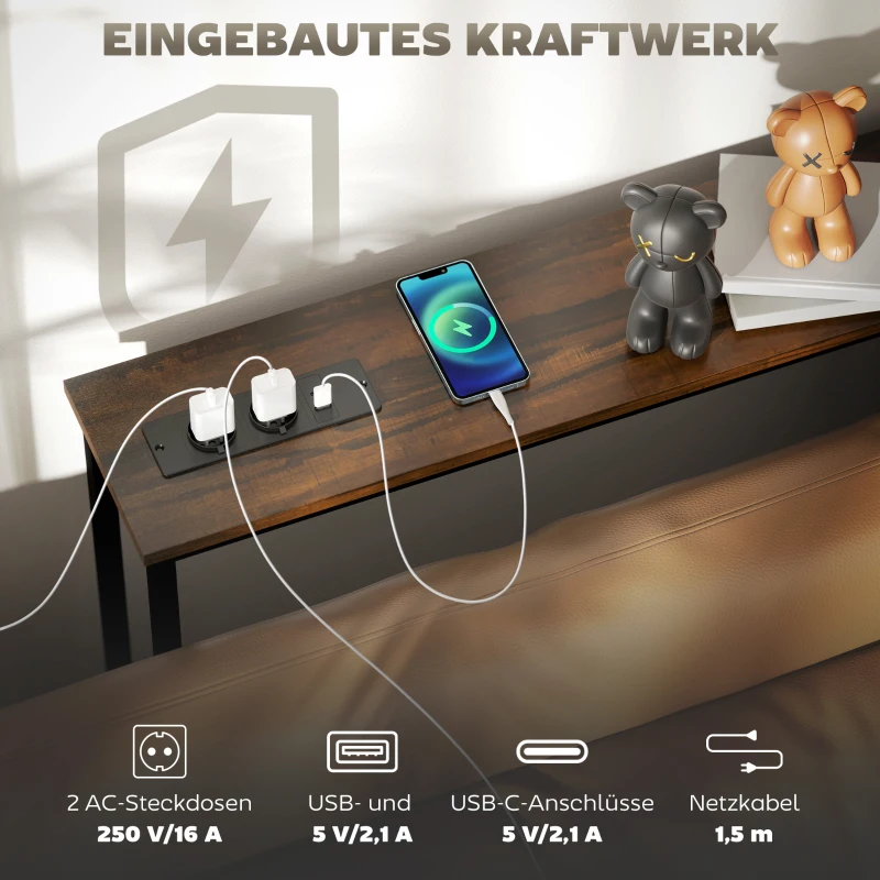 HOMCOM Smalle Consoletafel met Oplaadstation, Industriële Stijl, Stalen Frame, Bruin(m-4)