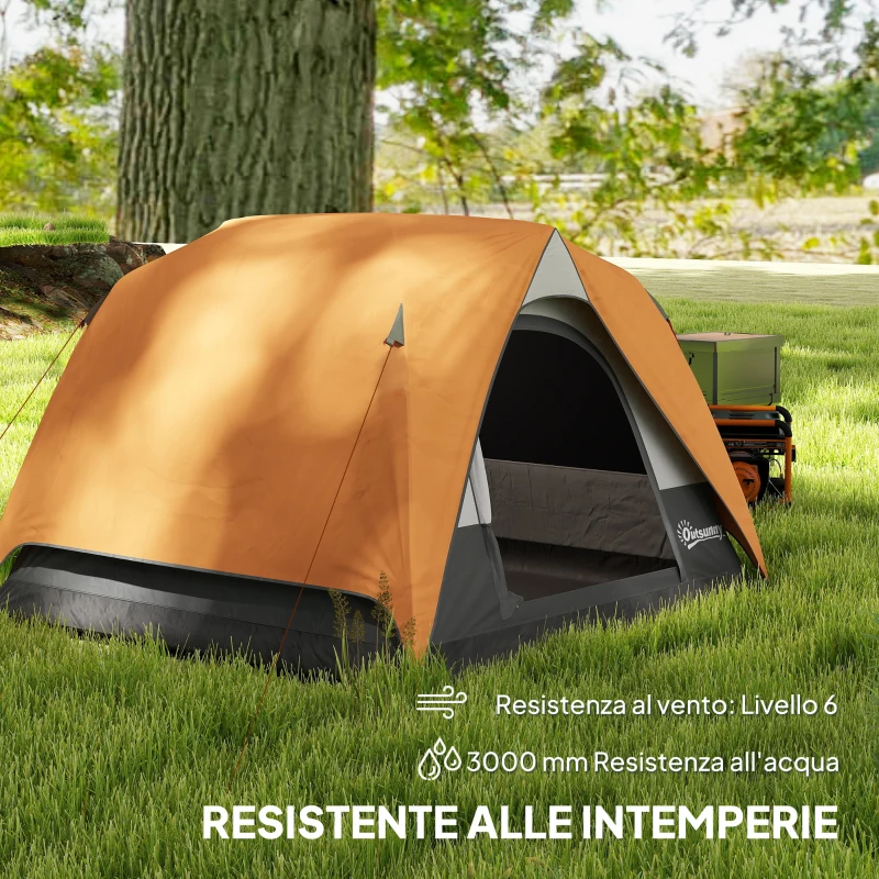 Outsunny Tenda da Campeggio per 3 Persone Impermeabile con Tasca, Gancio per Lanterna e Borsa, 2x2x1.35m, Arancione
