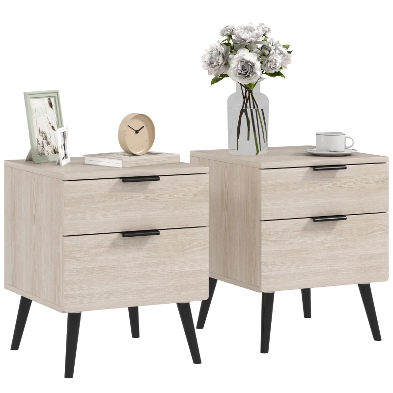 HOMCOM Set de 2 Noptiere cu 2 Sertare pentru Dormitor sau Camera de Zi, 40x40x50 cm, Lemn Natural
