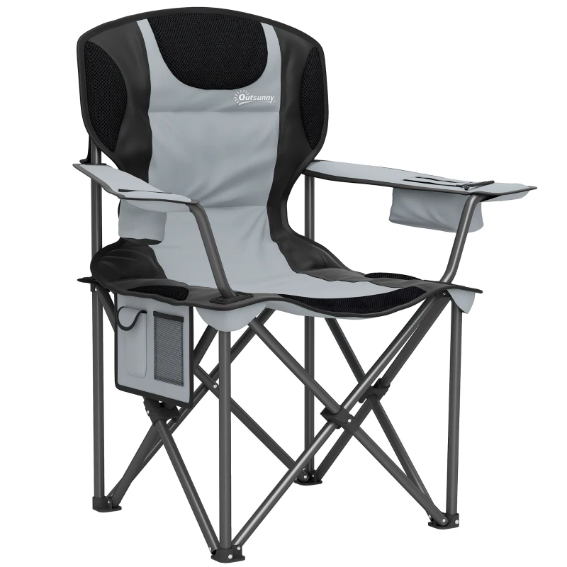 Outsunny Chaise de camping pliante avec accoudoirs réglables, porte-gobelets, poches latérales et sac de refroidissement, noir