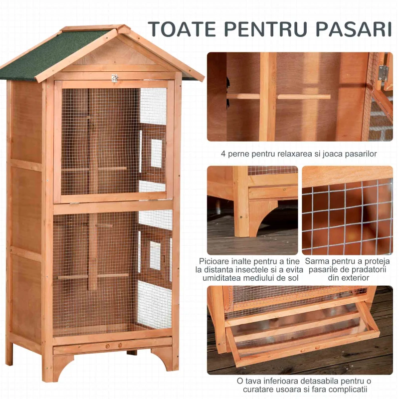 PawHut Colivie pentru Păsări cu 3 Deschideri cu Blocare, 4 Stinghii și Tavă Detașabilă, 80.5x57x153 cm, Portocaliu