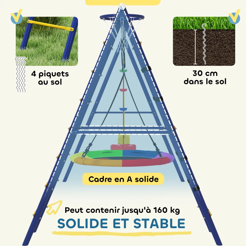 AIYAPLAY Portique balancoire exterieur 6 en 1 avec 3 balançoires, panier de basket, échelle d'escalade et filet, multicolore