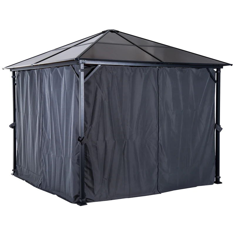 Outsunny Pavillon mit Polycarbonatdach, Vorhänge mit Fliegennetz, Alugestell, dunkelgrau, 3 x 3 m