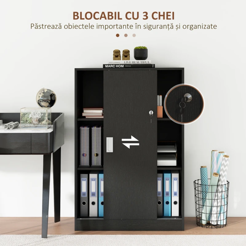 HOMCOM Dulap Birou 80x40x120 cu 3 Rafturi și Ușă Dublă cu Încuietoare pentru Birou sau Salița, Negru