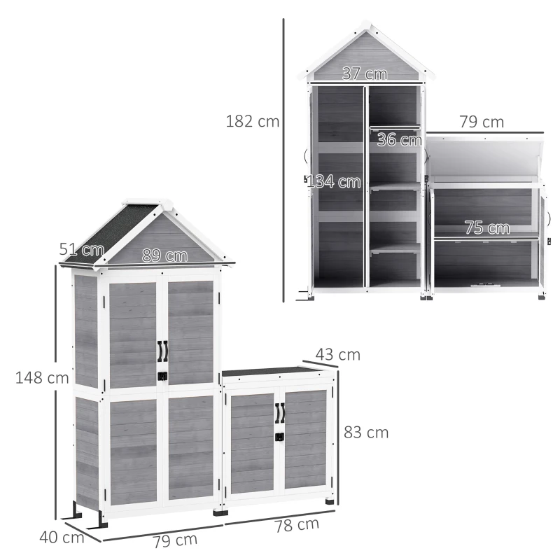 Outsunny Abri de jardin et armoire de rangement en bois avec toit incliné en asphalte, étagères et portes verrouillables, gris