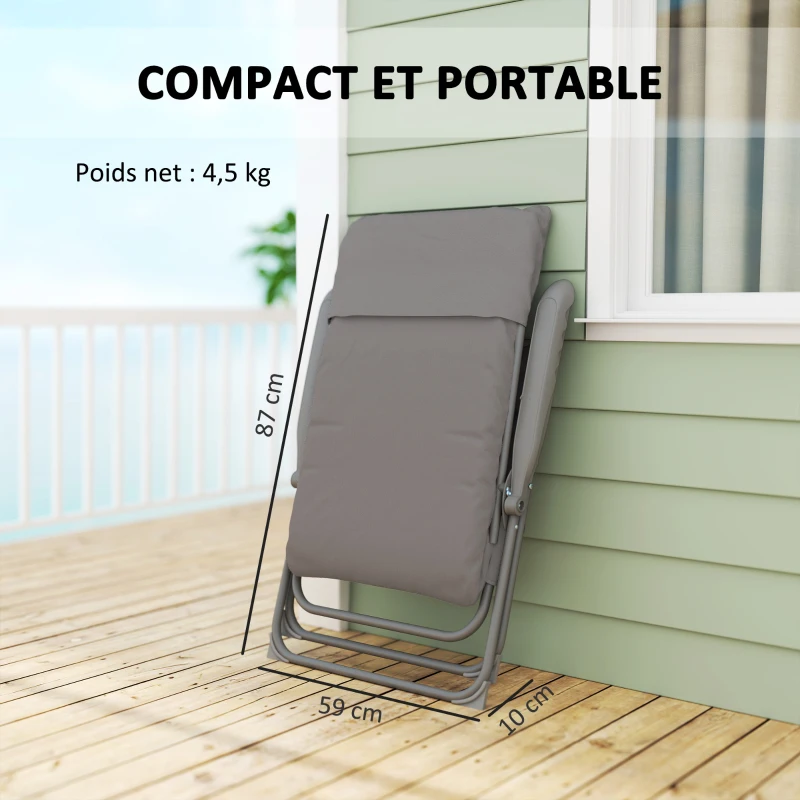Outsunny Chaise pliante camping avec siège rembourré, dossier haut réglable et poches latérales, gris