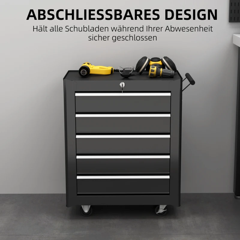 HOMCOM Werkzeugkiste, Werkzeugschrank, rollbar, 5 Schubladen, Stahl, Schwarz(m-7)