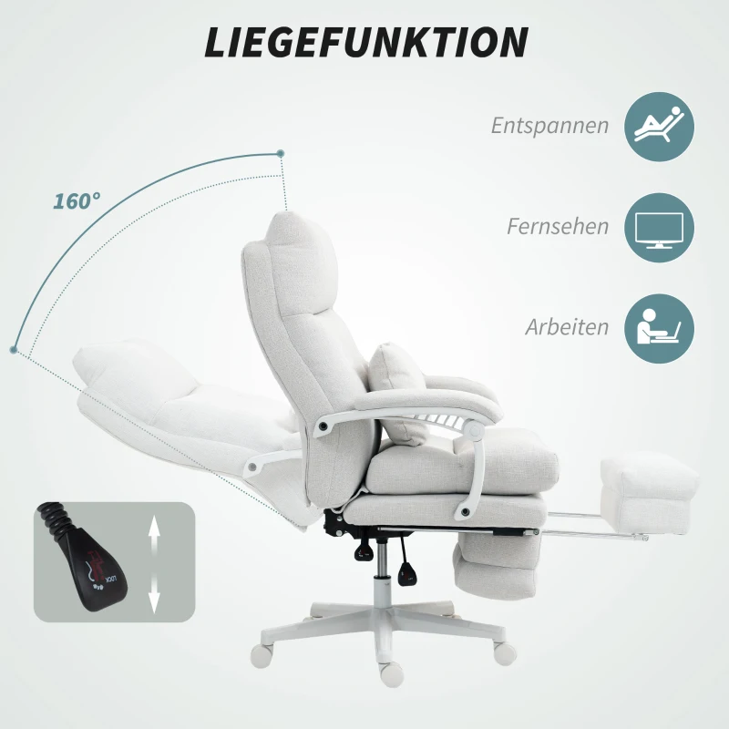 HOMCOM Draaistoel, Linnenlook, Hoogteverstelbaar, 160 Graden Kantelbaar, Voetsteun, Crèmewit(m-6)