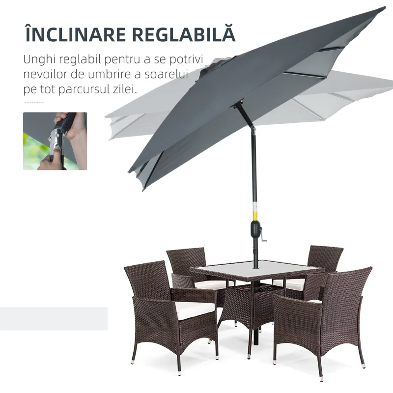 Outsunny Umbrelă dreptunghiulară 2x3 m pliabilă și reglabilă cu manivelă, din aluminiu și poliester, gri închis