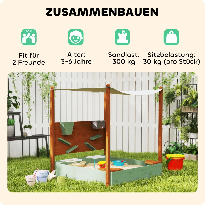 AIYAPLAY Zandbak met Zonnedak voor Kinderen, met 2 Opslagcompartimenten, 116L x 112,5B x 128H cm, Dennenhout, Kunststof, Groen