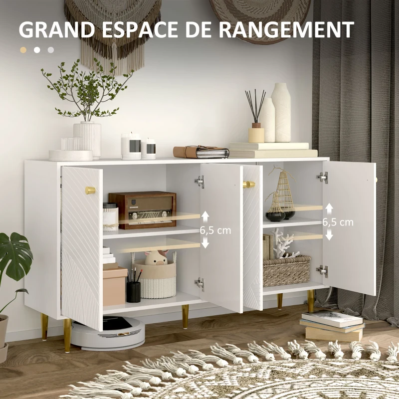 HOMCOM Buffet salon meuble de rangement avec étagères réglables, placards à portes, 140 x 35 x 77,5 cm, blanc