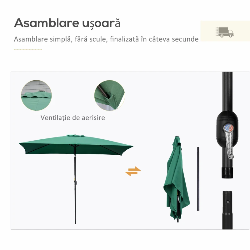 Outsunny Umbrelă dreptunghiulară pliabilă și reglabilă 2x3 m cu manivelă, din aluminiu și poliester, verde și negru