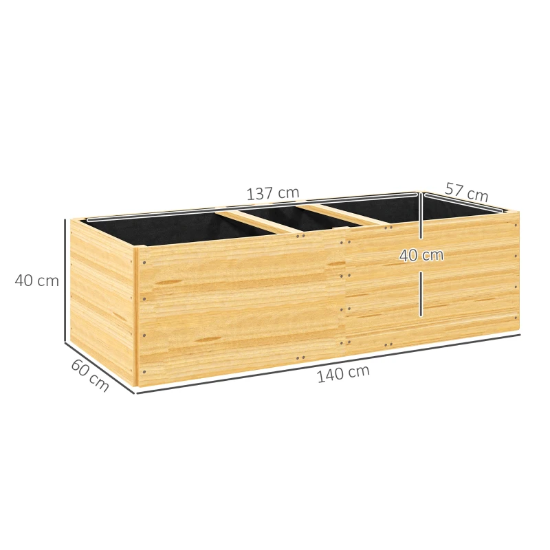 Outsunny Strat de Grădină Înălțat și Adânc cu 3 Zone de Creștere și Strat de Protecție, 140x60x40 cm, Lemn Natural