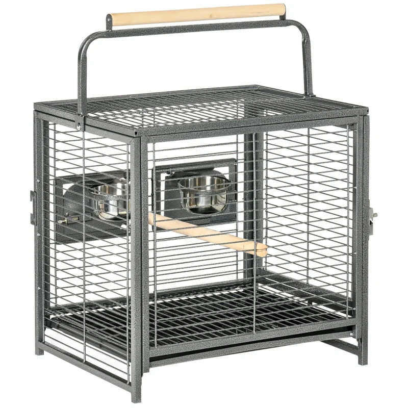 PawHut Cage de transport en acier pour perroquets, cage à oiseaux avec 2 bols en acier inoxydable, 2 perchoirs, plateau, noir