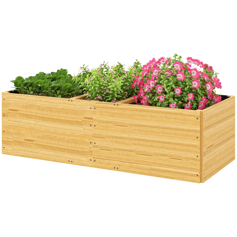 Outsunny Strat de Grădină Înălțat și Adânc cu 3 Zone de Creștere și Strat de Protecție, 140x60x40 cm, Lemn Natural