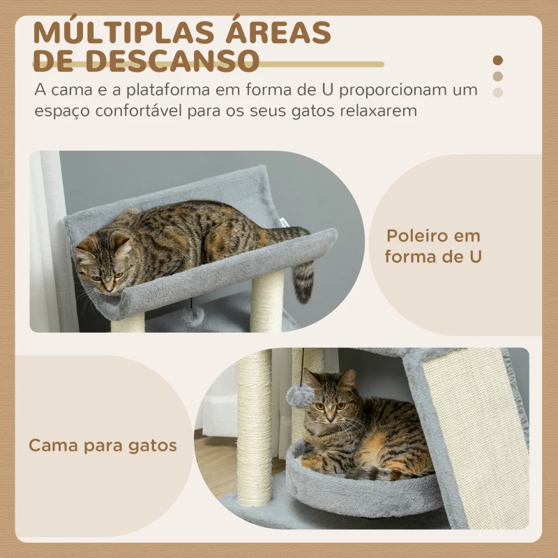 PawHut Arranhador para Gatos Altura 76 cm com 4 Postes de Arranhar Cama Plataforma em U Almofada para Arranhar Cinzento