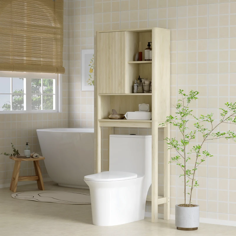 HOMCOM Meuble de rangement au-dessus des toilettes avec porte coulissante, compartiments et étagère réglable, blanc
