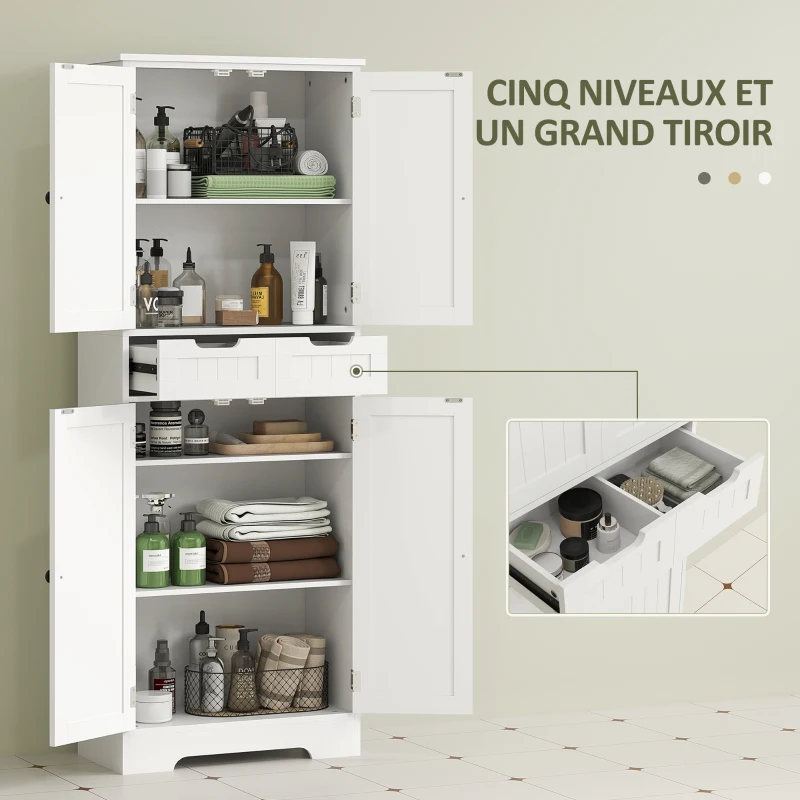 HOMCOM Meuble de salle de bain avec tiroir, placard à portes, étagère réglable, 60 x 30 x 160 cm, blanc(m-4)