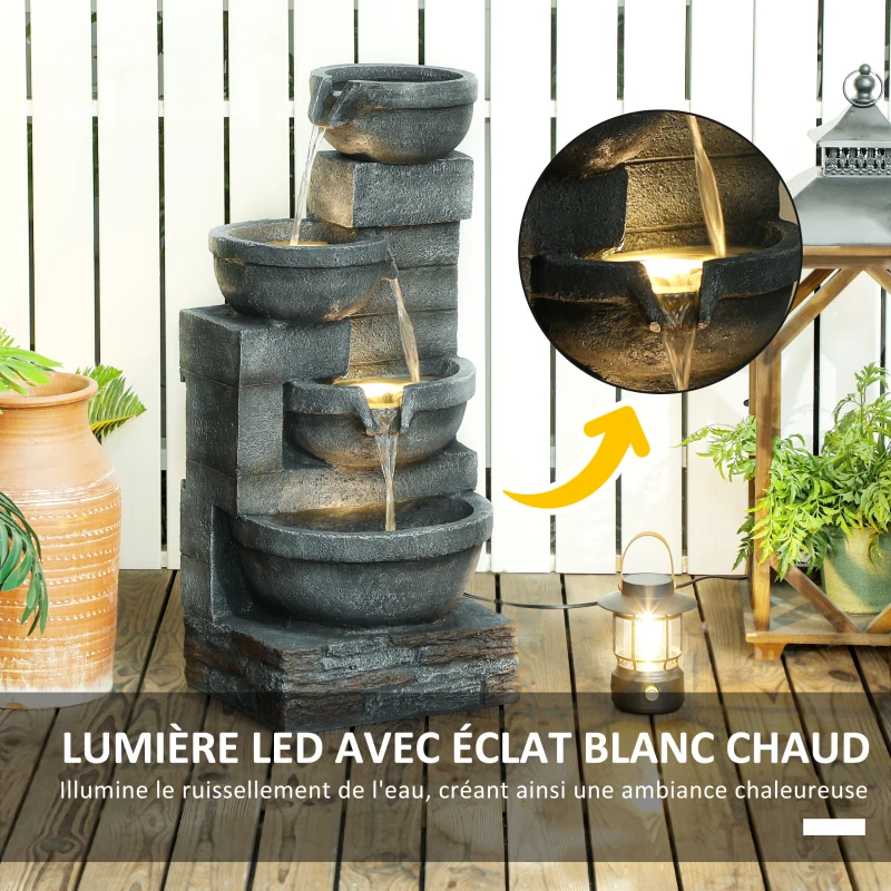 Outsunny Fontaine extérieure de jardin cascade avec éclairage LED, pompe inclus, 38 x 35 x 78,5 cm, gris