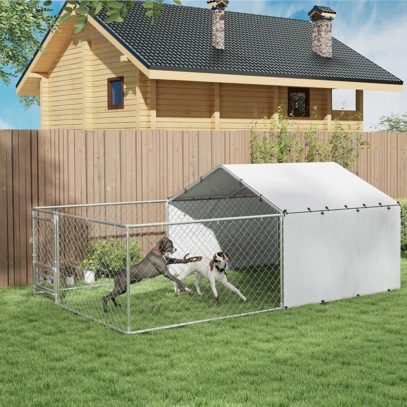 PawHut Țarc pentru Câini de Exterior cu Acoperiș Anti-UV Impermeabil și Boluri Rotative, 400x230x150 cm, Argintiu(m-9)