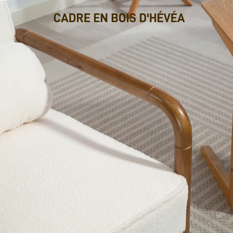 HOMCOM Fauteuil de salon en tissu bouclette avec coussin et cadre en bois d'hévéa, pour chambre, salon, salle à manger, blanc