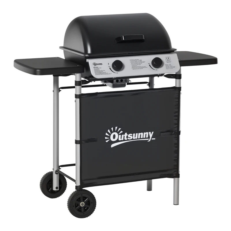 Outsunny Barbecue gaz 2 brûleurs en acier inoxydable, puissance 2,8 kW, barbecue de jardin 2 grilles, 104 x 49 x 99 cm, noir