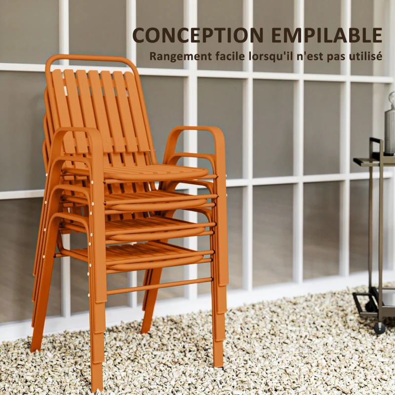 Outsunny Lot de 4 chaises de jardin chaises empilables d'extérieur avec haut dossier et accoudoirs cadre en acier 56x66x91cm orange