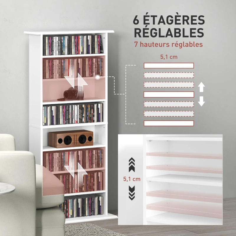 HOMCOM Rangements pour CD et DVD avec 8 compartiments et 6 étagères réglables, capacité max. 360 CD/185 DVD et Blu-ray, blanc(m-5)
