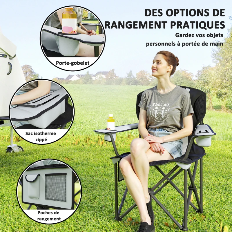 Outsunny Chaise de camping pliante avec accoudoirs réglables, porte-gobelets, poches latérales et sac de refroidissement, noir