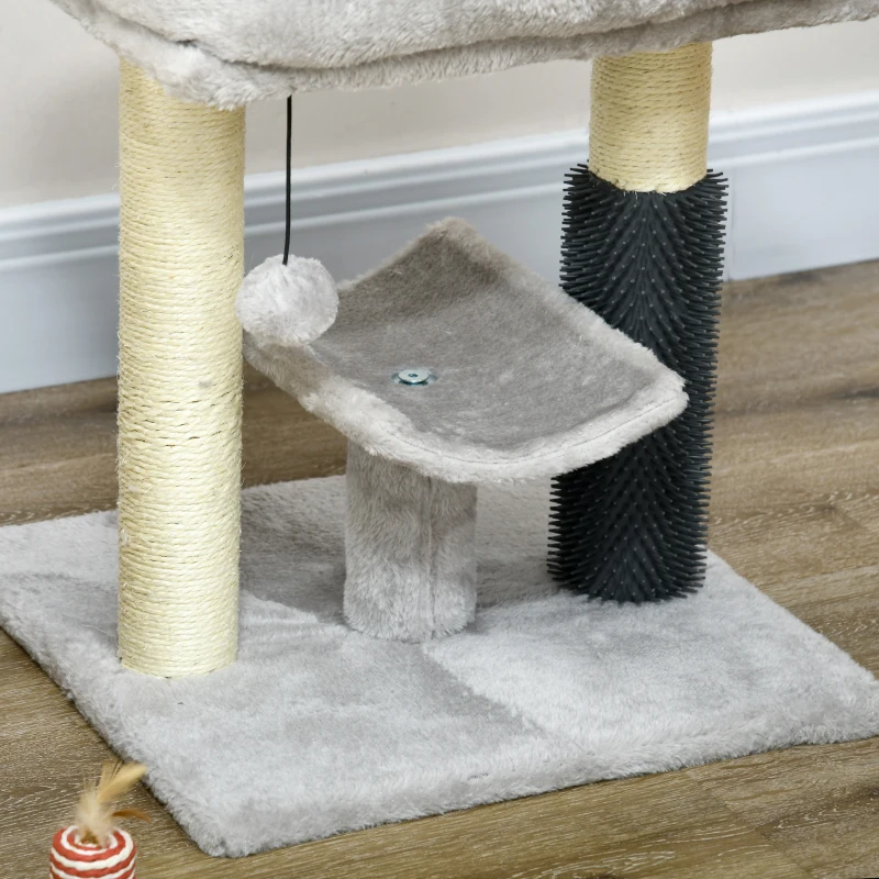 PawHut Arranhador para Gatos com 2 Postes de Arranhar Cama Plataforma em U e Escova Bola Suspensa 40x40x48 cm Cinza