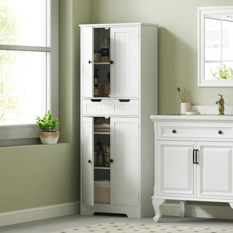 HOMCOM Meuble de salle de bain avec tiroir, placard à portes, étagère réglable, 60 x 30 x 160 cm, blanc(m-2)
