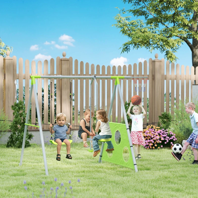 AIYAPLAY Gioco per Bambini 4 in 1 con 2 Altalene da Giardino, Canestro e Porta da Calcio, 215x180x182 cm, Verde e Grigio