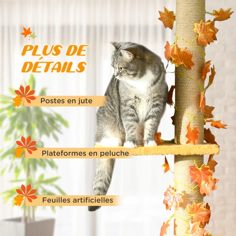 PawHut Arbre à chat hauteur réglable 202-242 cm avec feuilles décoratif, griffoir et plateformes en tissu peluche orange