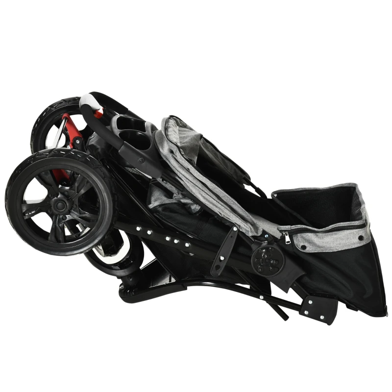 PawHut Hundewagen Hundebuggy Katzenbuggy Pet Stroller mit 3 Rädern klappbar Hunde Katze Oxford Grau+Schwarz 109,5 x 57,5 x 106,5 cm