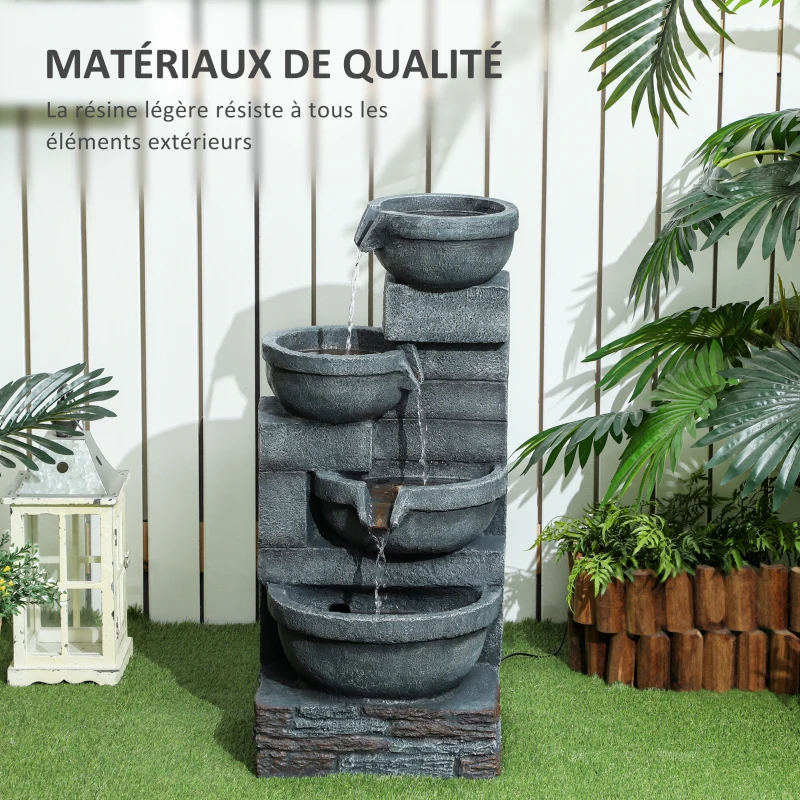 Outsunny Fontaine extérieure de jardin cascade avec éclairage LED, pompe inclus, 38 x 35 x 78,5 cm, gris