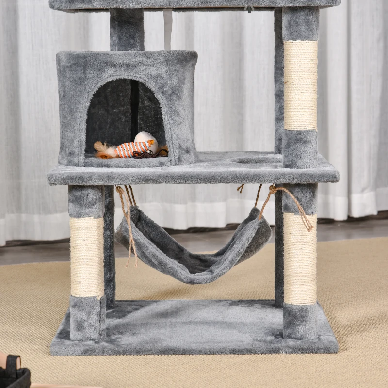 PawHut Katzen Kratzbaum groß 145 cm, Katzenbaum mit Hängematte, Kletterbaum für Katzen, Katzenkratzbaum Höhle Katzenmöbel mit Sisalstämmen, Hellgrau