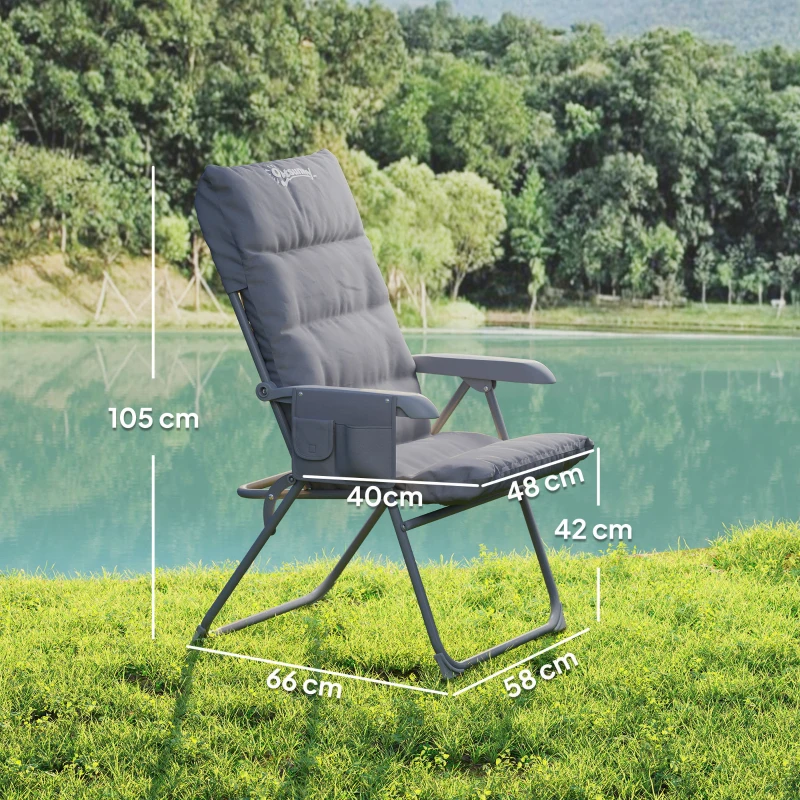 Outsunny Chaise pliante camping avec siège rembourré, dossier haut réglable et poches latérales, gris