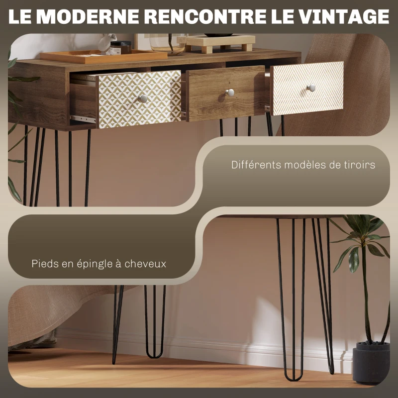HOMCOM Table console avec 3 tiroirs, table d'entrée étroite avec pieds en épingle à cheveux en acier, 90 x 30 x 75 cm, marron
