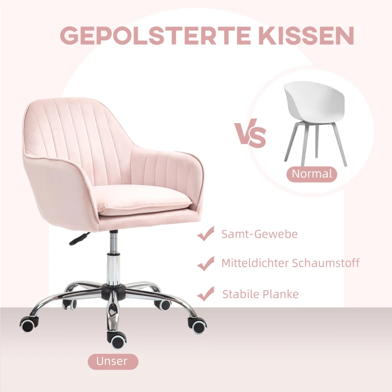 HOMCOM Regulowane Krzesło Biurowe Obrotowe do Domowego Biura z Oparciem i Podłokietnikami Różowe