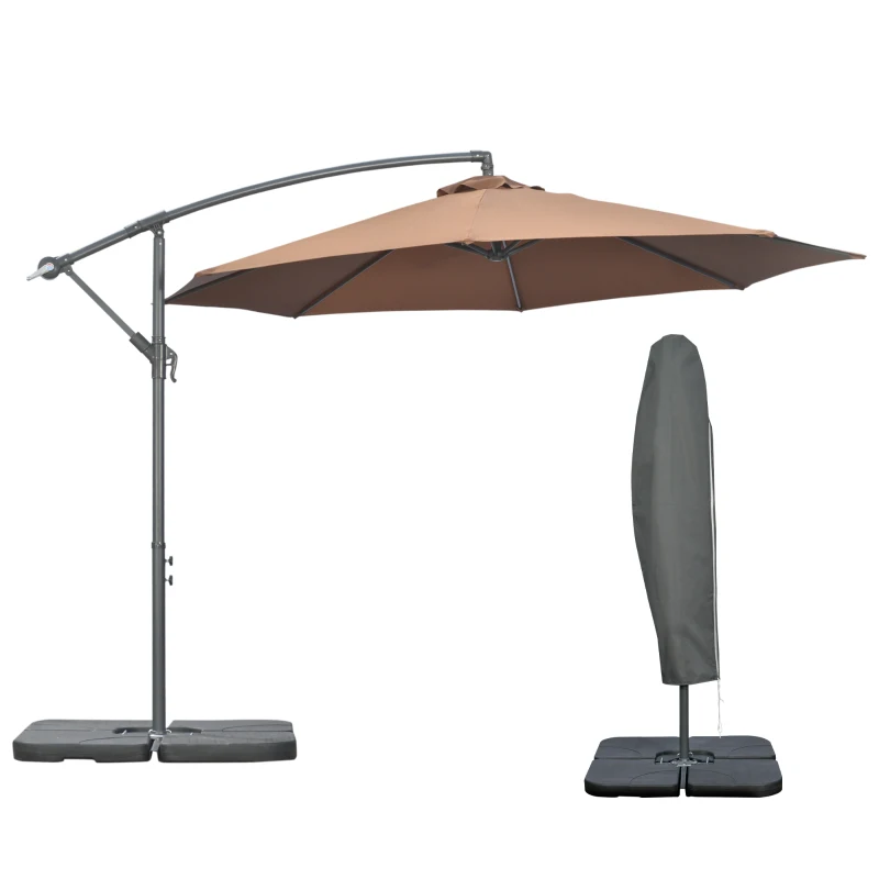 Outsunny Umbrelă Suspendată cu Bază în Cruce, Greutăţi, Manivelă și Protecţie UV, Ø3x2.5 m, Cafeniu